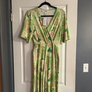 Floral Wrap Jumpsuit in Green and Beige